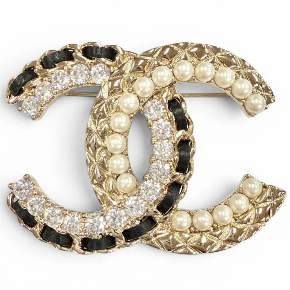 CHANEL B23V AB8609 Coco Mark Leather Rhinestone Faux Pearl Brooch Gold Black ...